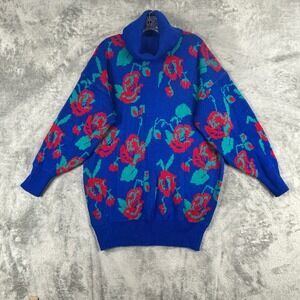 Vintage Robin Ross Rose Turtleneck Sweater Womens L Blue Red Floral Oversized